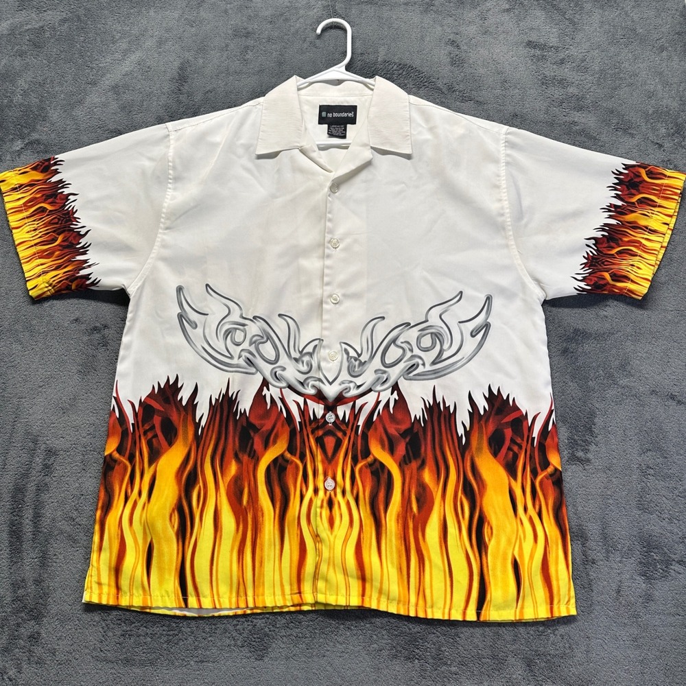 No Boundaries Button Down Shirt Mens Large White Flame Tribal Graphic Y2K